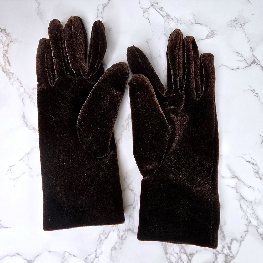 Vintage Style Brown Velvet Gloves Green Floral Applique Stretch Evening Shihreen - Picture 4 of 8